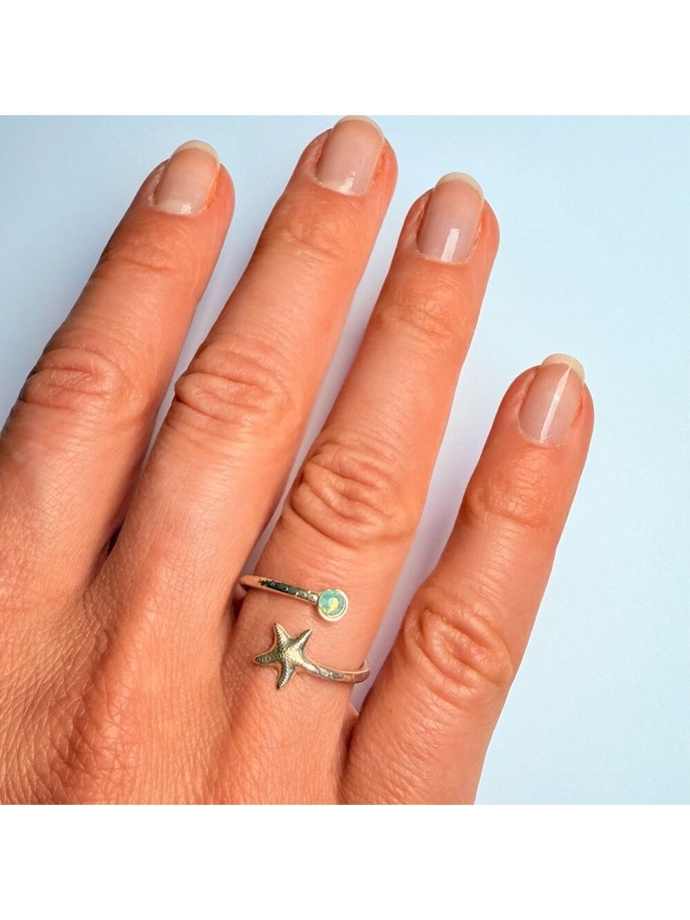 Alex & Ani Sterling Silver Aqua Swarovski Crystal Starfish Adjustable Wrap Ring - Picture 4 of 9